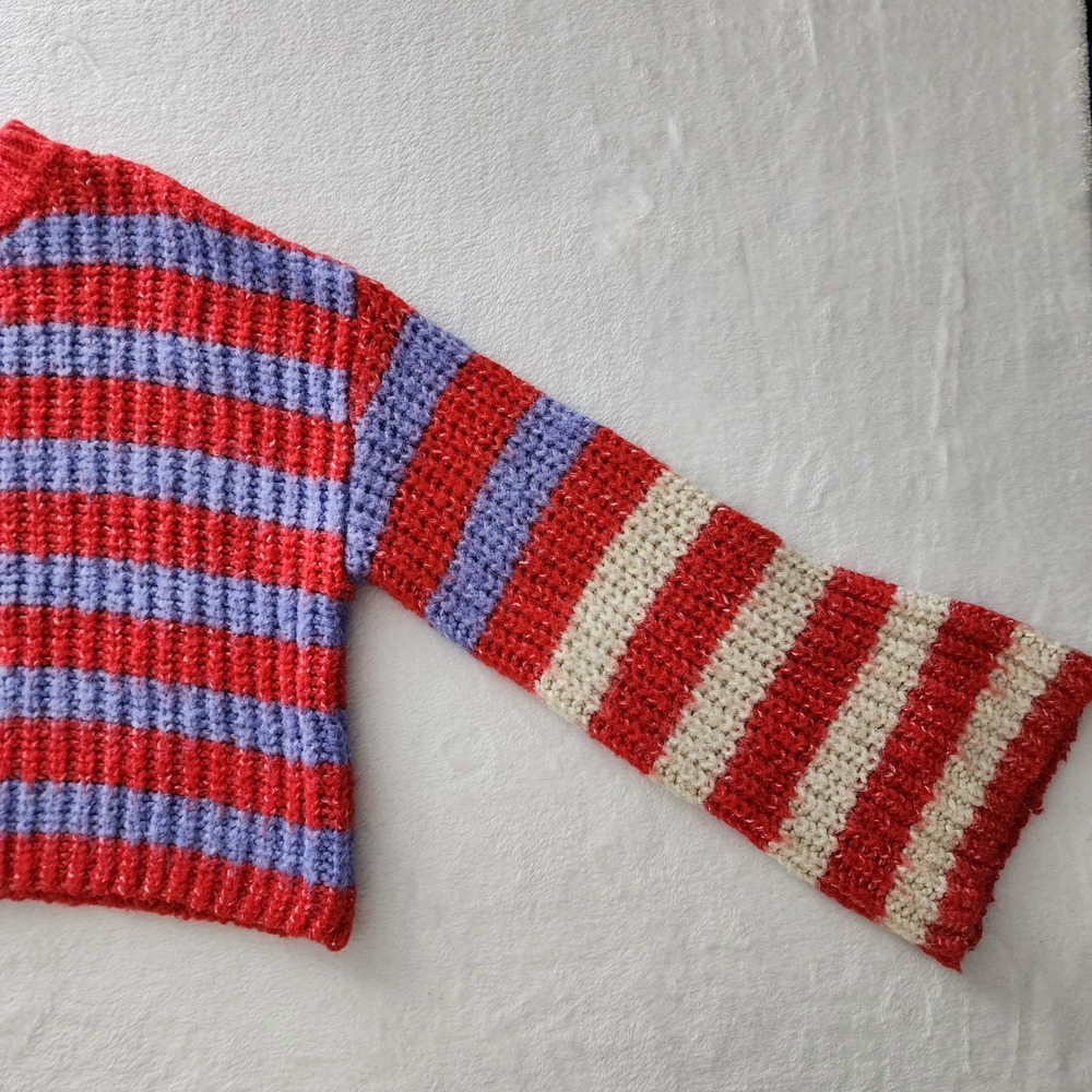 Striped Chunky Knit Sweater Womens Medium Red Purple Cropped Grunge Wool Blend - Picture 5 of 11